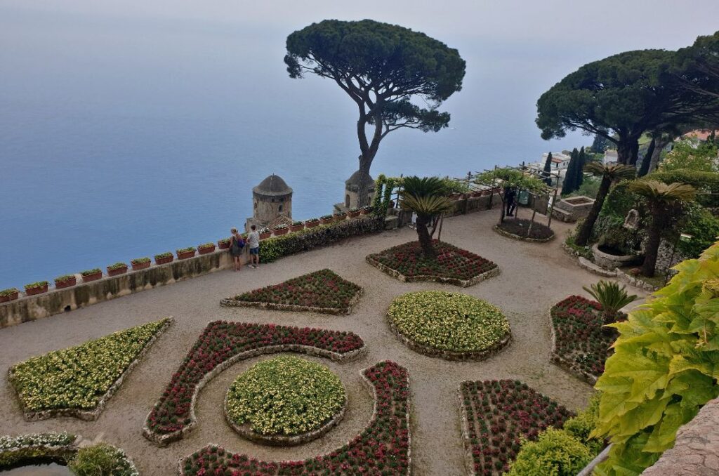 Photo from the terrace above the Villa Rufola formal garden which hovers above the Bay of Salerno, Amalfi Coast, Italy