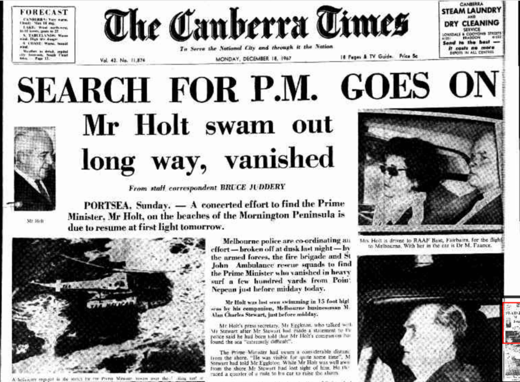 The Canberra Times - P.M. Holt Missing