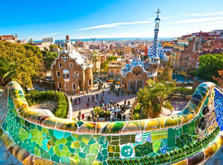View from the green mosaic wall into Park Güell, Barcelona