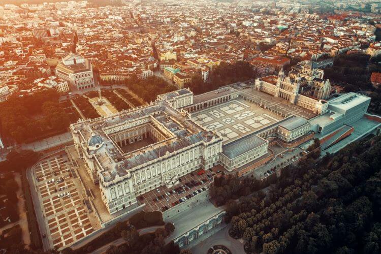 Aerial photo of the Royal Palace of Madrid, Spain