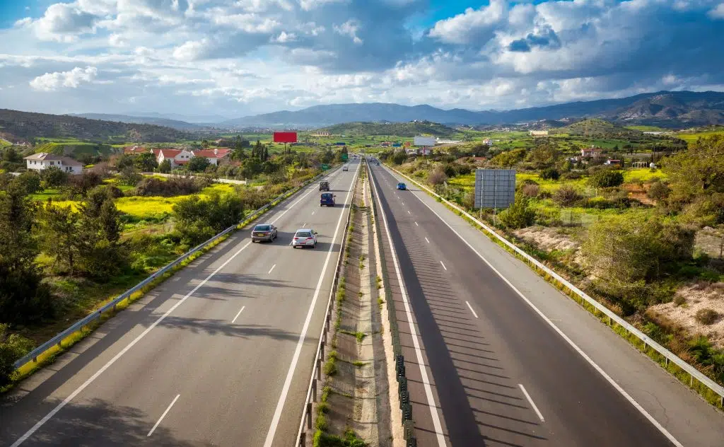 A photo of cars traveling in both directions along the A1 Motorway to Nicosia, Cyprus