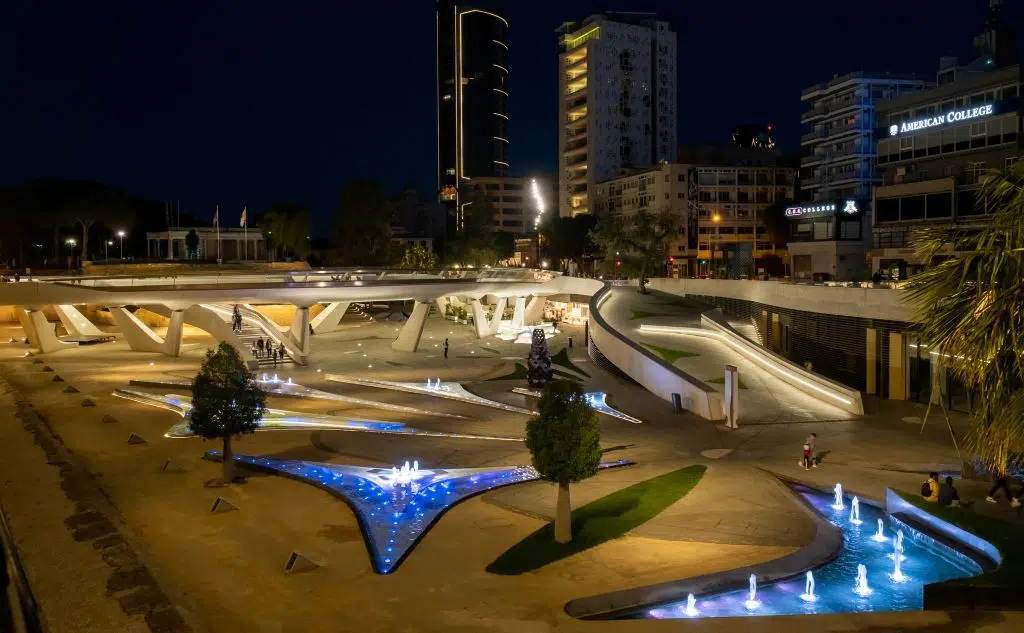 Photo of Eleftheria Square at night, with its illuminated fountains, Nicosia, Cyprus