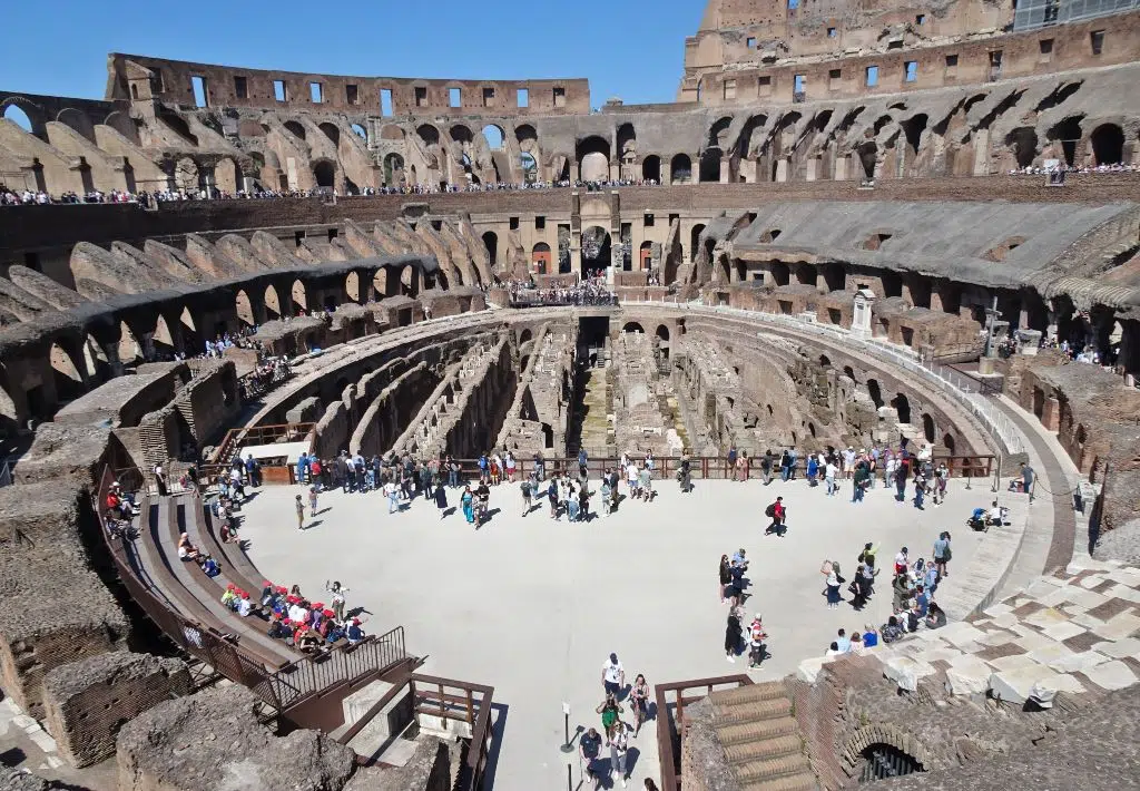 Picture taken Inside-the-Roman-Colosseum-Italy, showing the underground area beneath the arena and the stands