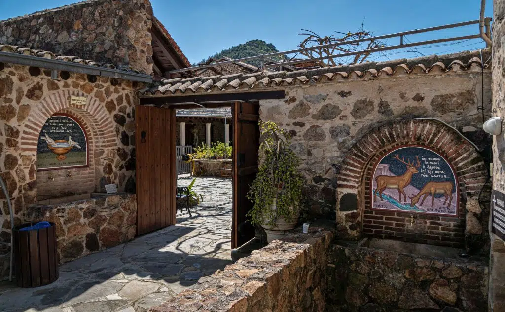 Photo of the entrance to the stone Monastery of Saint Thekla the Healer, Mosfiloti, near Larnaca, Cyprus