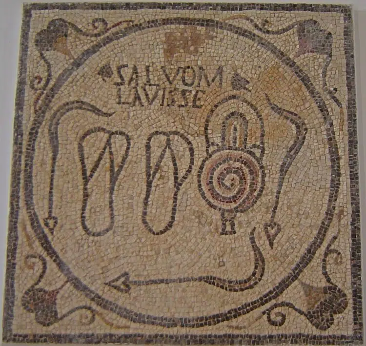 Photo of a square mural that is an Ancient Roman bath house mural signage, Italy
