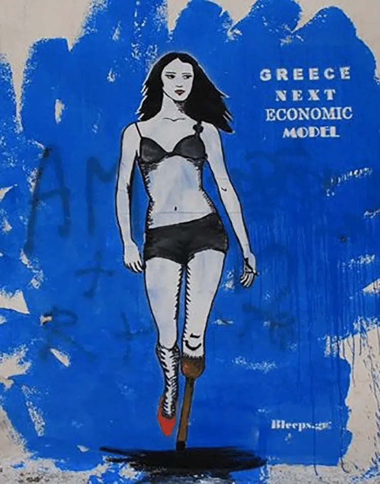 A photo of a wall with a painting of Political Street Art in Athens Greece called "Next Economic Model" by Bleepsgr-C. of a beautiful model with a peg leg against a Greek-blue background