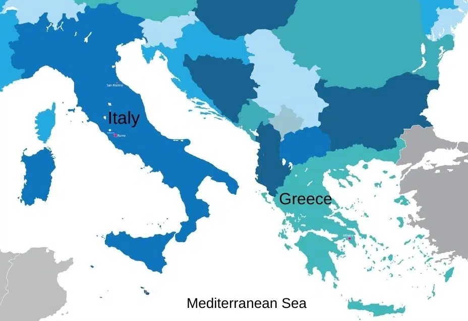 Map of Italy and Greece and the Mediterranean Sea
