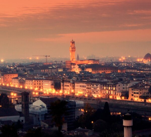 View of old city of Florence skyline at sunset from Piazzale Michelangelo