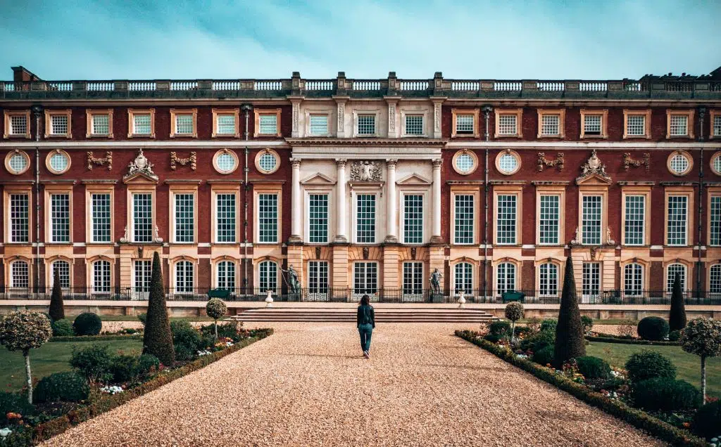 Grounds and front entrance of Hampton Court Palace, England