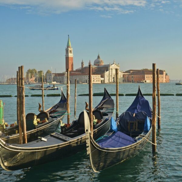 Gondolas and the Island of Venice, Italy