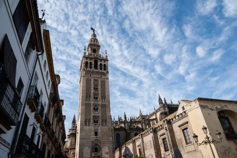 Looking up at Giralda Tower in Seville, Spain