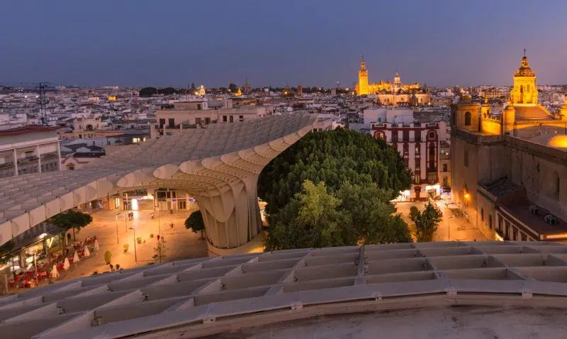 Cityscape of Seville during dusk, viewed from Las Setas